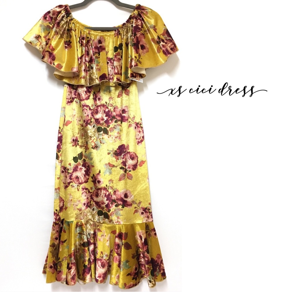 LuLaRoe Golden Floral Velvet CiCi Ruffle Dress
